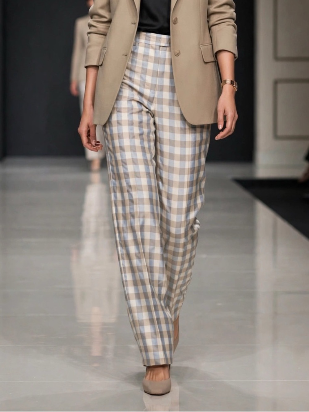 Giorgio Armani || Viscose and Silk Check Trousers Slacks Cream Blue 46 US 10